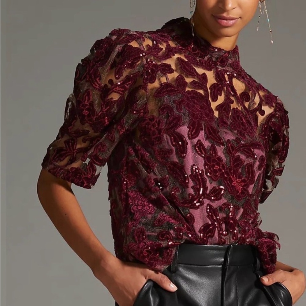 Anthropologie Burgundy Floral Lace Sequin Top